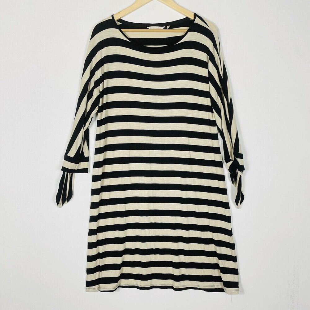 Soft Surroundings Adrift Dress Women Medium Black Cream Striped Coastal Parisian